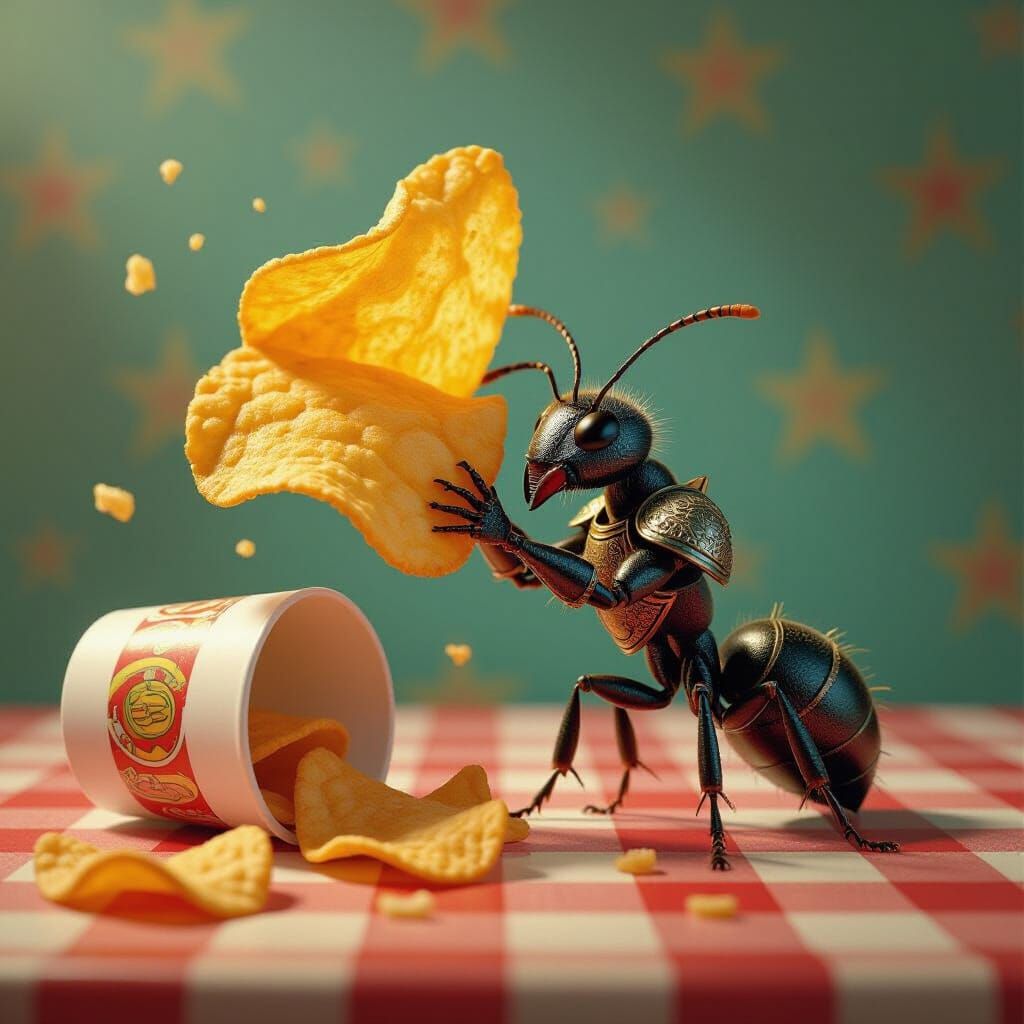 Armored Ant Lifts Giant Chip in Hyperrealistic Art