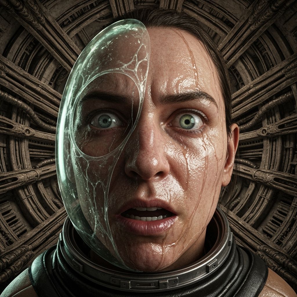 Terrified Face in Bioluminescent Alien Egg Membrane Macro Ph...