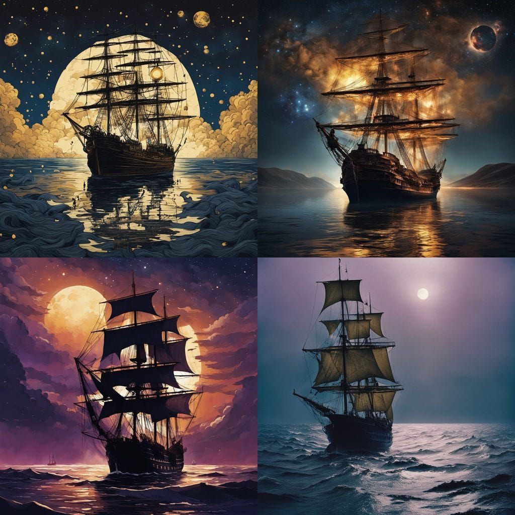 17th Century Ship in Starry Night with Black Hole and Nebula...