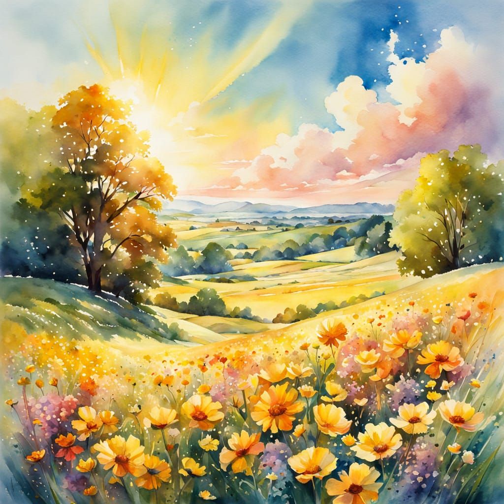 Vibrant Watercolor Masterpiece of Joyful Summer Day
