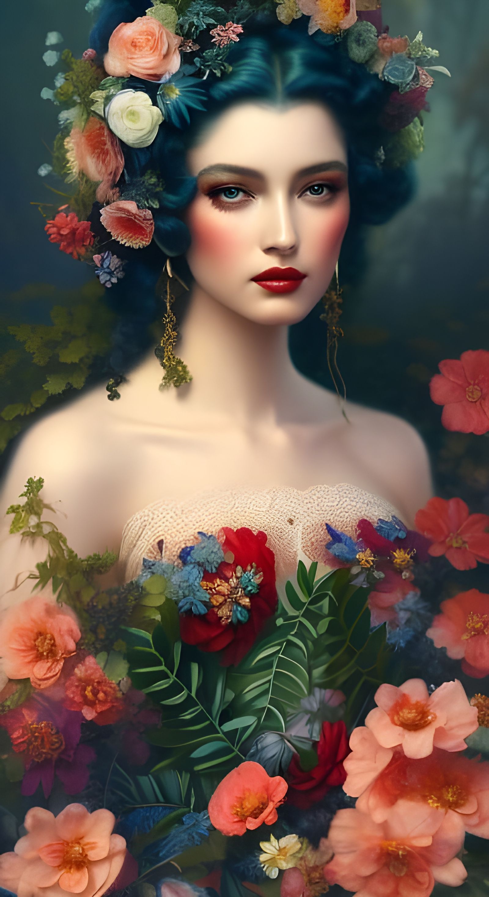 Floral Pin-Up Portrait in Rococo Fantasy Style