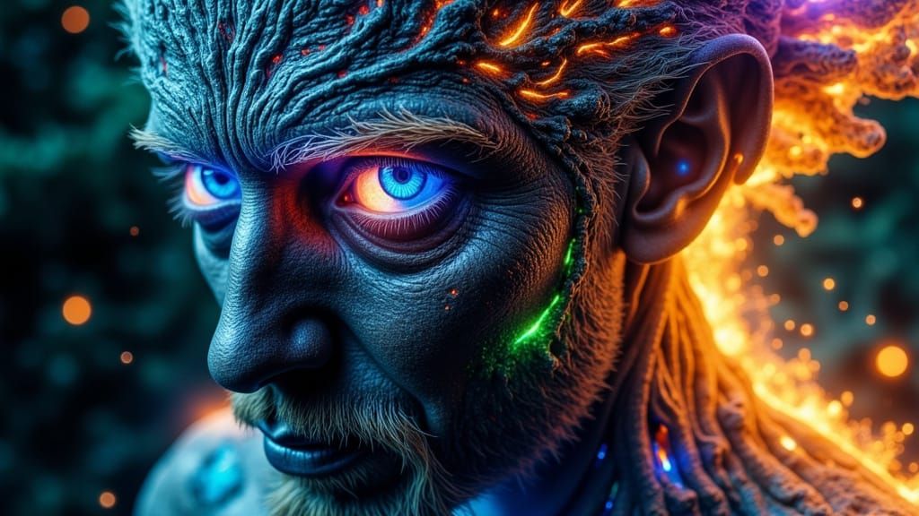 Fractal Faced Man with Tribal Tattoos in Fantasy Dreamscape