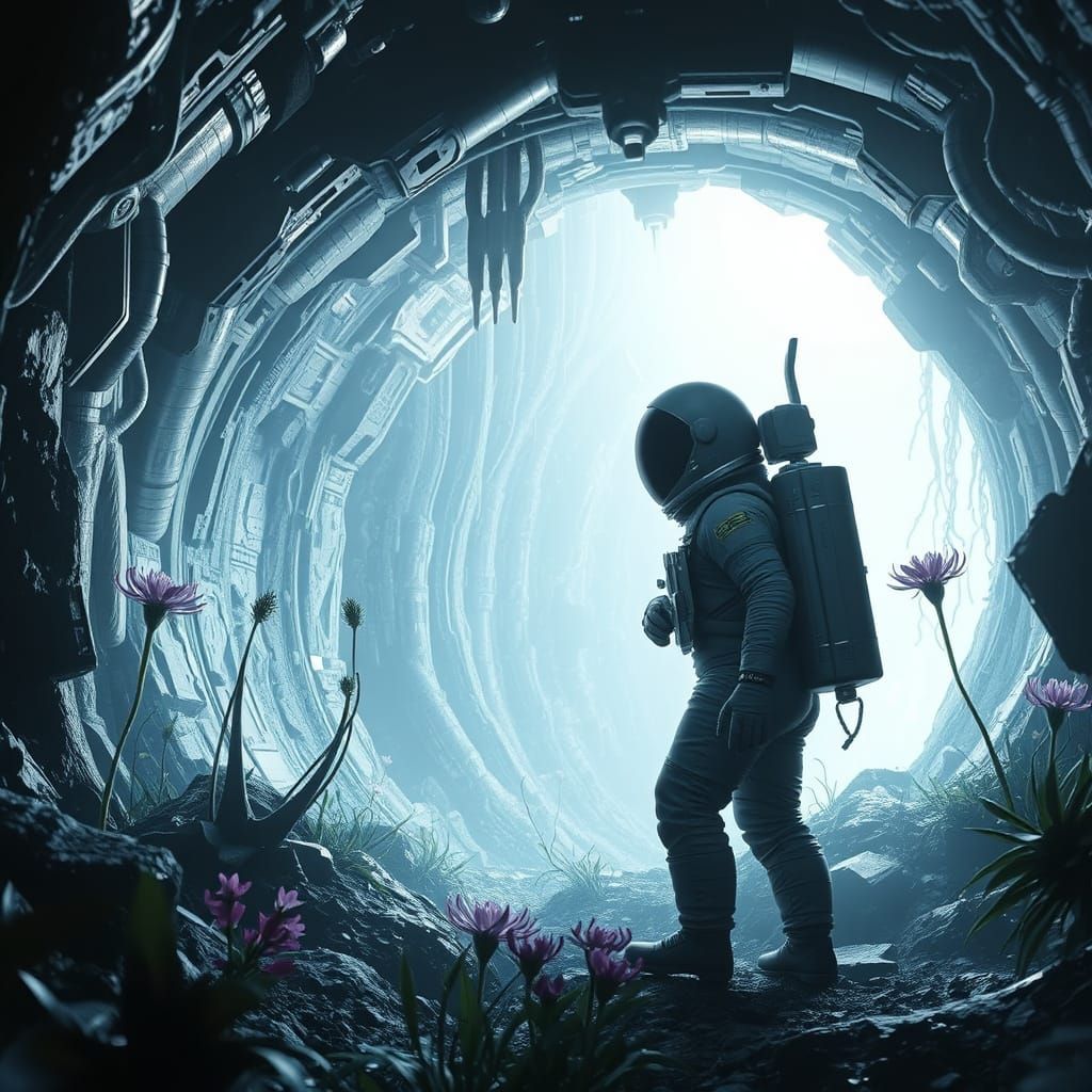 Astronaut Discovers Metallic Grotto in Alien Jungle