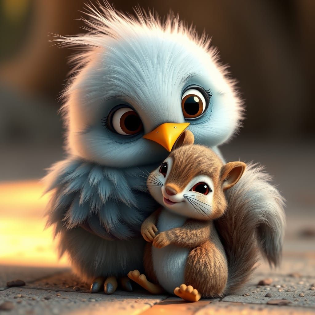 Adorable CGI Bird Cuddles Squirrel with Big Eyes