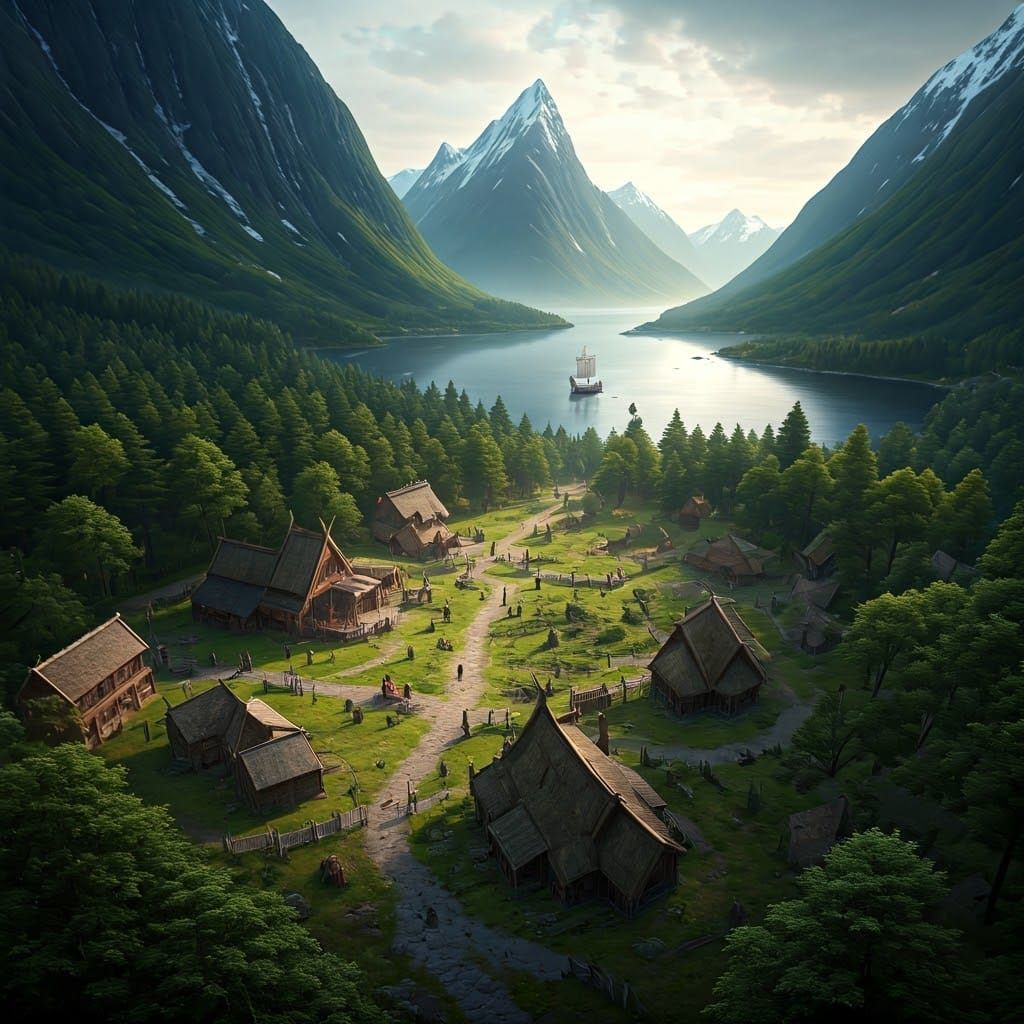 Viking Village Nestled in Norwegian Fjords