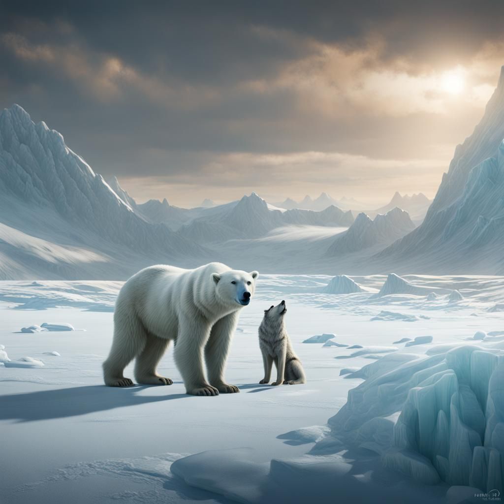 Polar Bear and Wolf on Icefield: Fantasy Concept Art