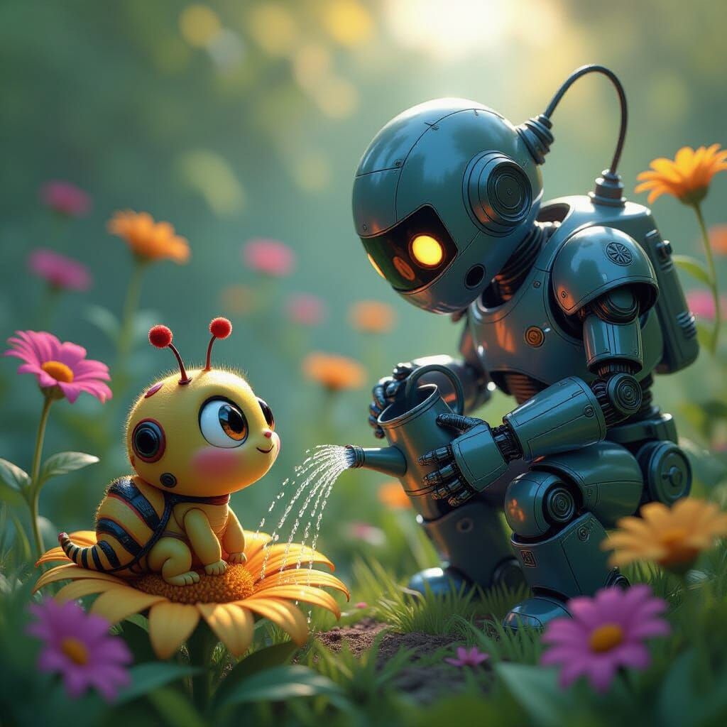 Robot Gardener and Caterpillar in Whimsical Garden