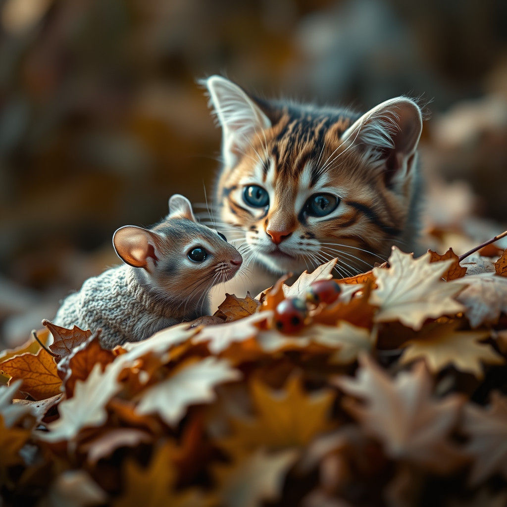 Mouse and Cat Autumn Scene in Hyperrealistic Style