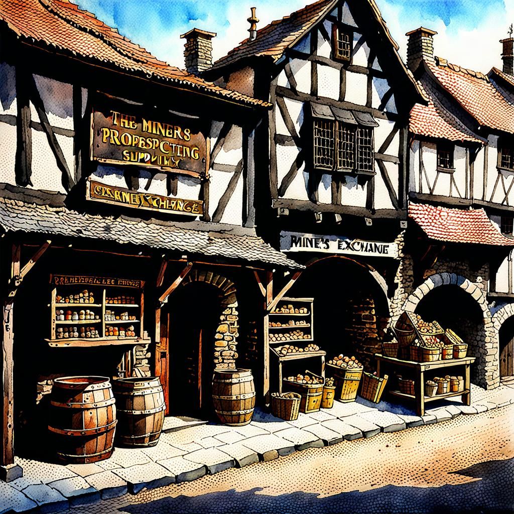 Medieval Prospecting Supply Store in Watercolor Style