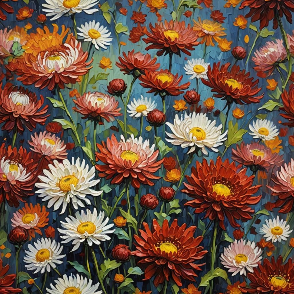 Red Chrysanthemum Moon: Expressionist Oil Painting