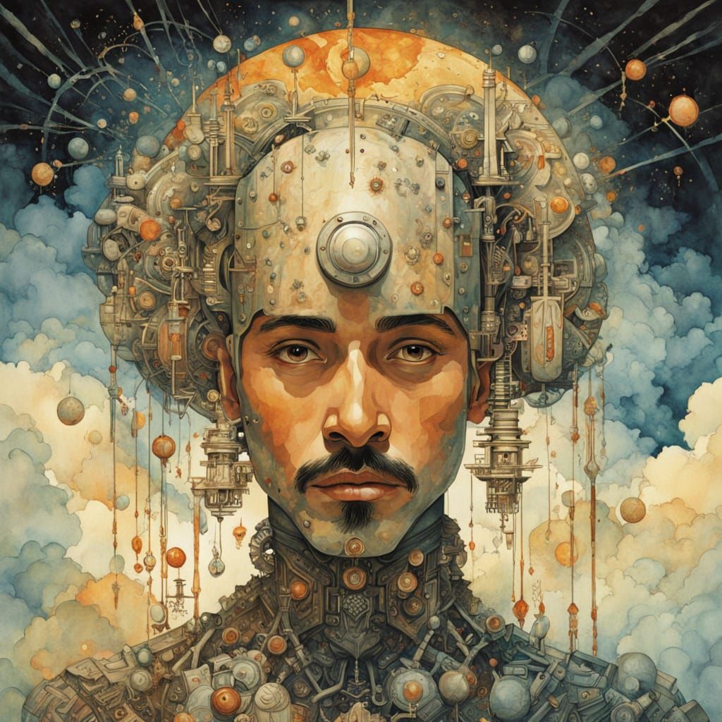 Glowing Robotic Man Portrait in Watercolor Style