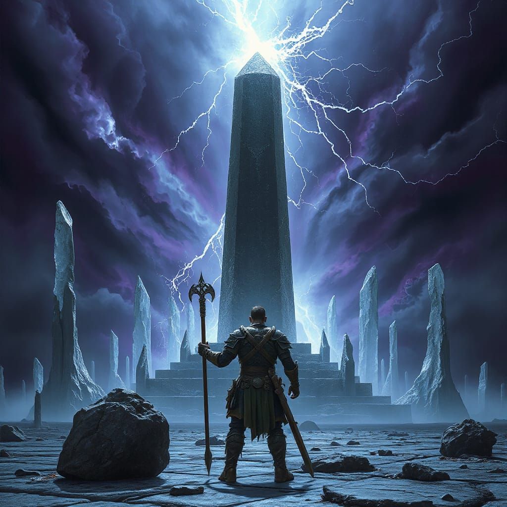Warrior Confronts Arcane Obelisk in Dark Fantasy Style