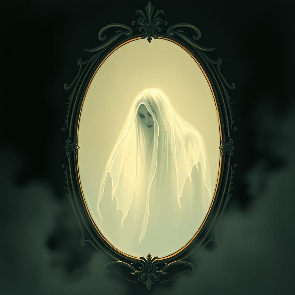 Eerie Ghostly Figure Reflected in Ornate Mirror