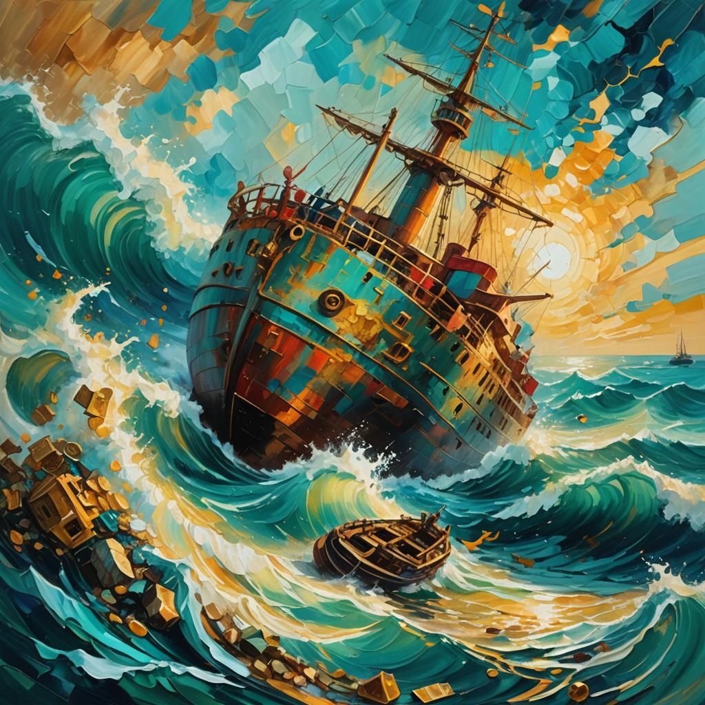 Ship Sinking in Expressionist Oil Painting Style
