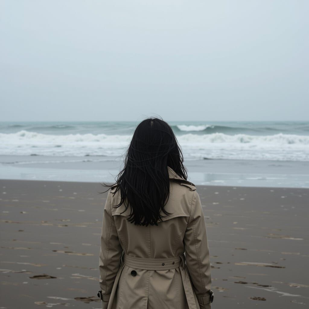 Girl in Trench Coat on Desolate Winter Beach