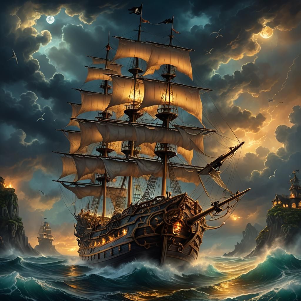 Pirate Ship on Mystical Sea, Fantasy Concept Art