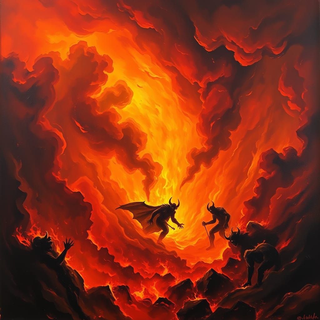 Fiery Inferno With Demonic Figures in Oil Painting Style
