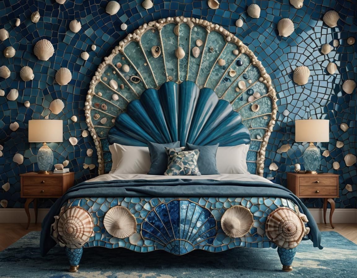 frutiger aero, italian whimsical bedroom, blue mosaic glass seashell bed frame