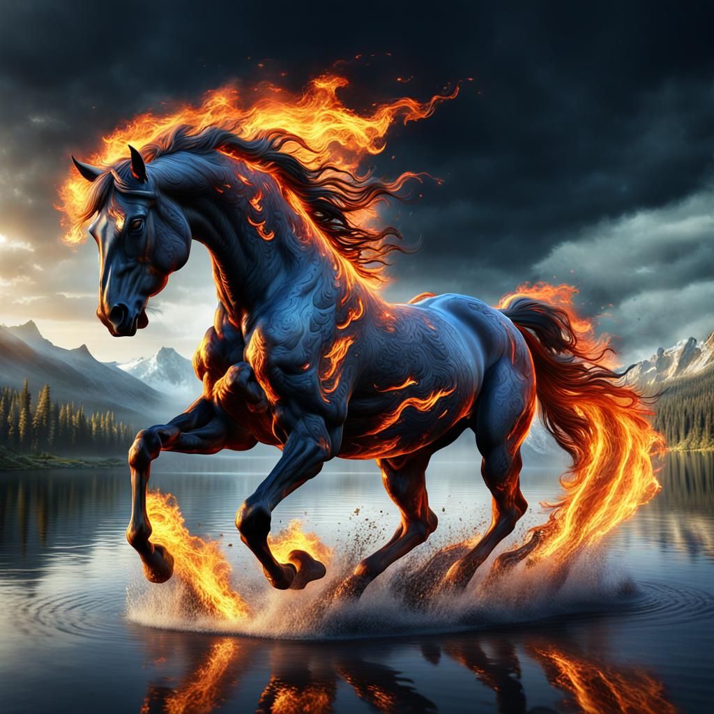 Fiery Horse Galloping Across a Lake