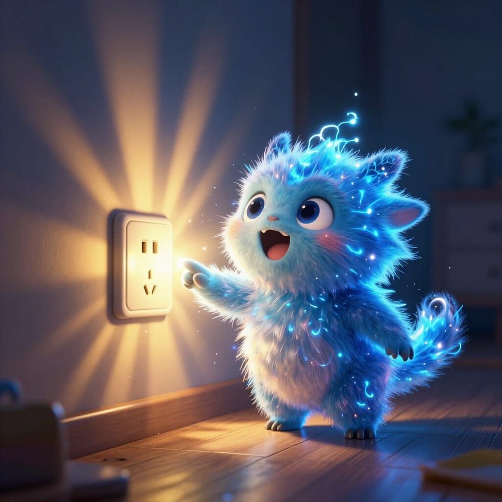 Adorable Electric Creature Recharges in Dimly Lit Home
