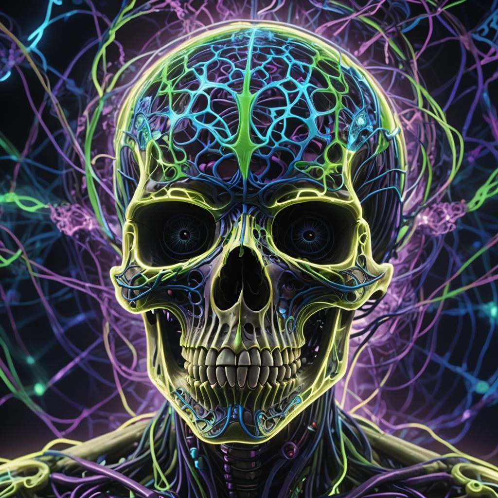 Psychedelic Skull with Glowing Veins in Surreal Style