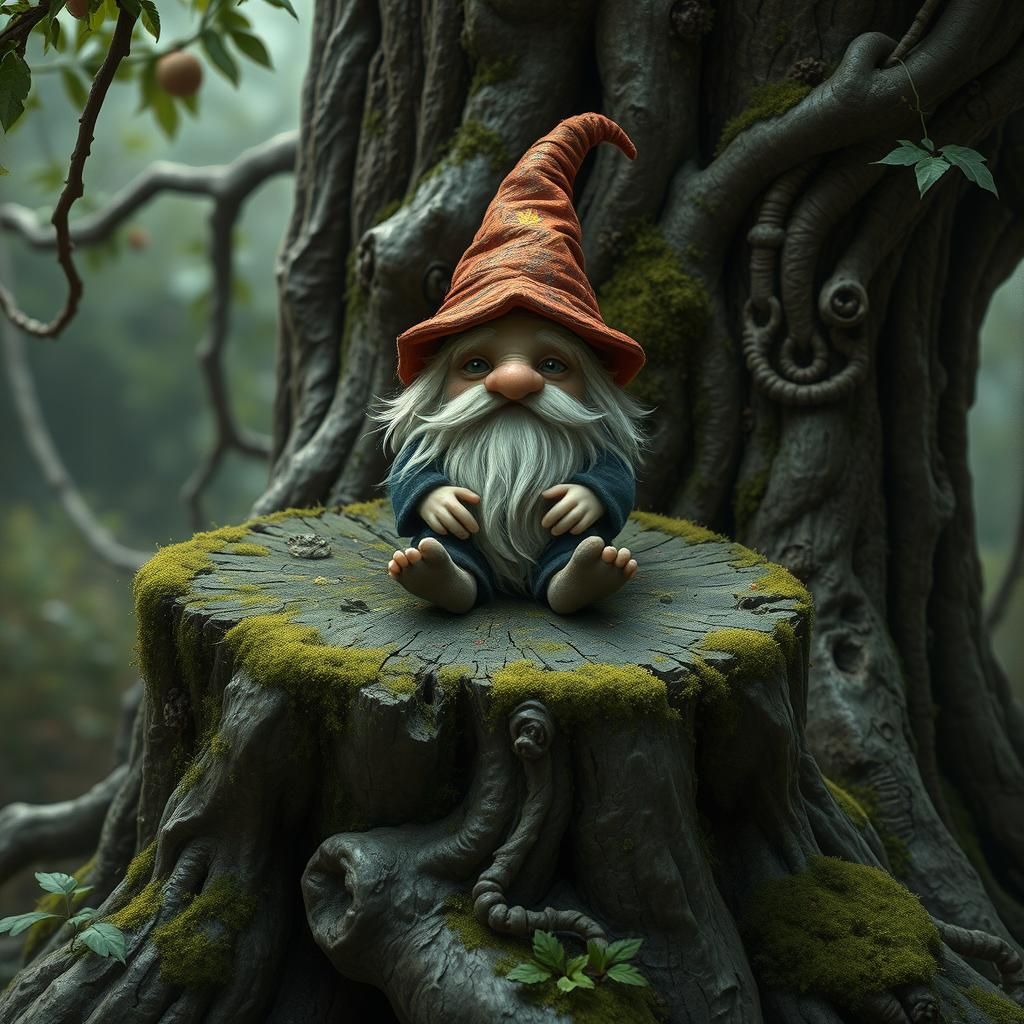 Endearing Baba Yaga Dwarf on Mossy Stump, Digital Art
