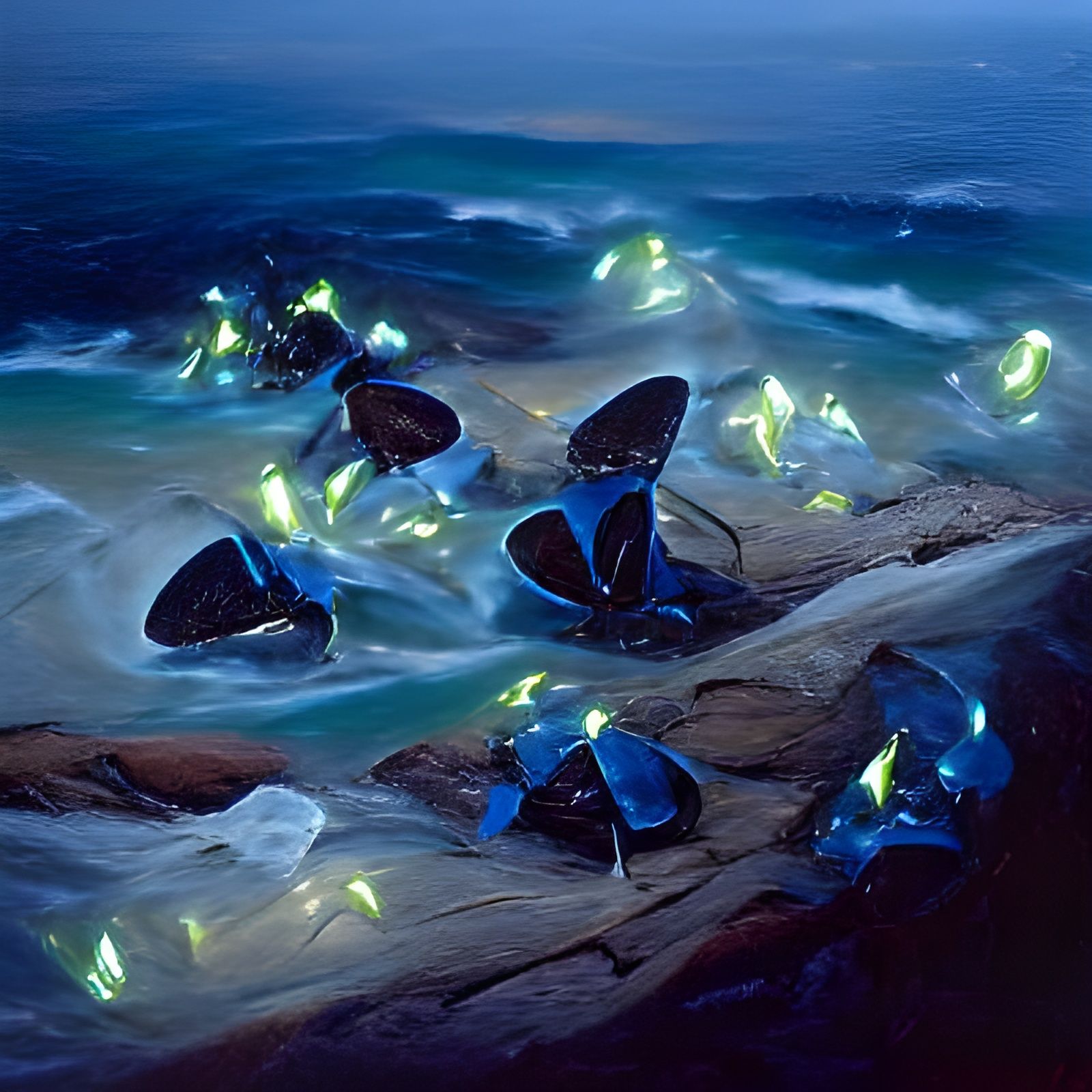 Bioluminescent Blue Butterflies in Oil Painting Style