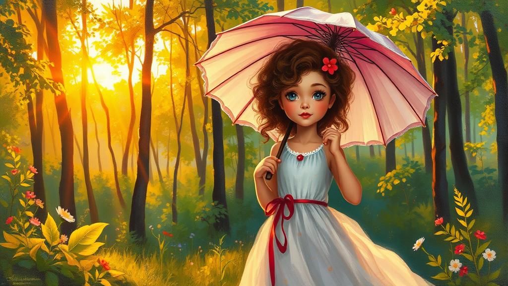 Whimsical Woman in Forest with Parasol, Impressionist Style