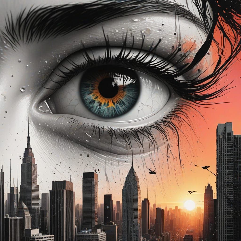 Surreal Black and White Cityscape Eye with Vibrant Sunset