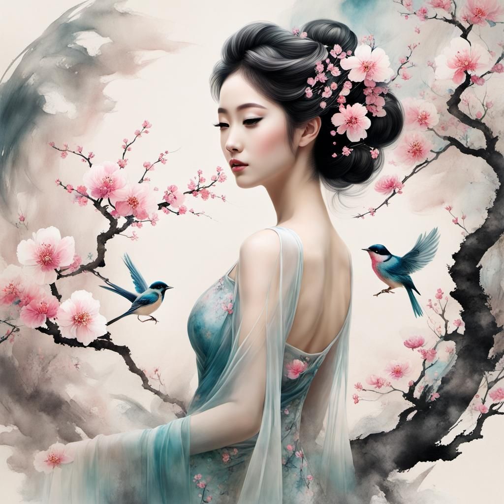 Goddess with Blossoms: Dreamlike Chinese Ink Painting