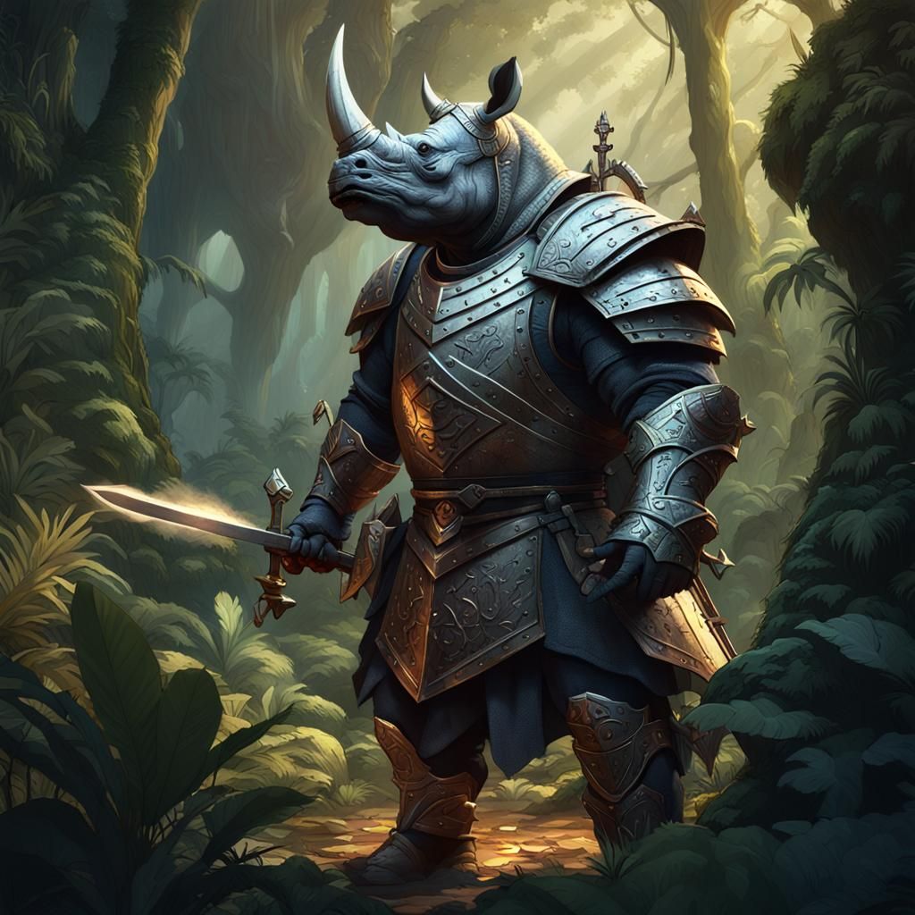 Rhinoceros Knight in Jungle, Dark Fantasy Art