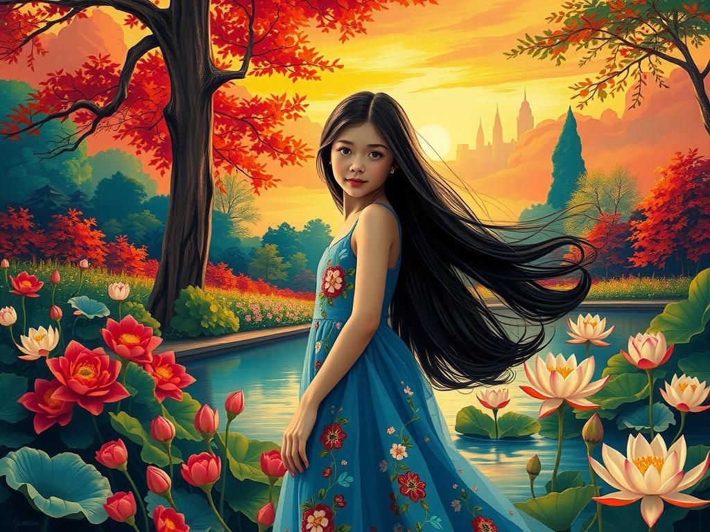 Girl in Garden: Neo-Impressionist Impasto Acrylic Painting