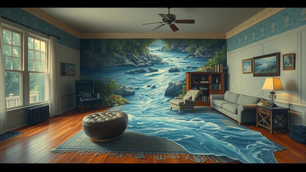 Surreal River Flows Through Living Room: Photorealistic Oil ...