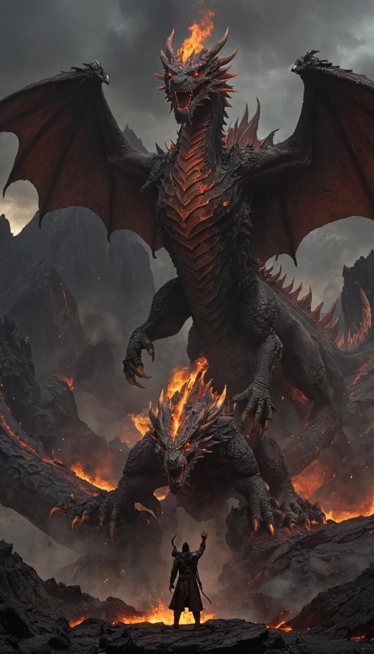 Fiery Dragon Summoning in Volcanic Landscape