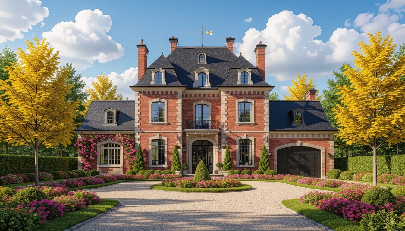 Grand Brick Chateau with Vibrant Garden and Blue Sky