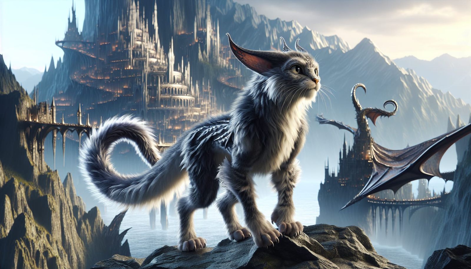 Feline-Dragon Hybrid Overlooking Elven City in 3D