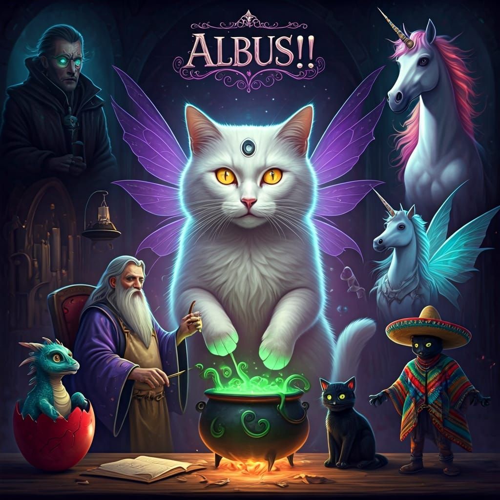 Majestic White Cat and Magical Wizard Scene