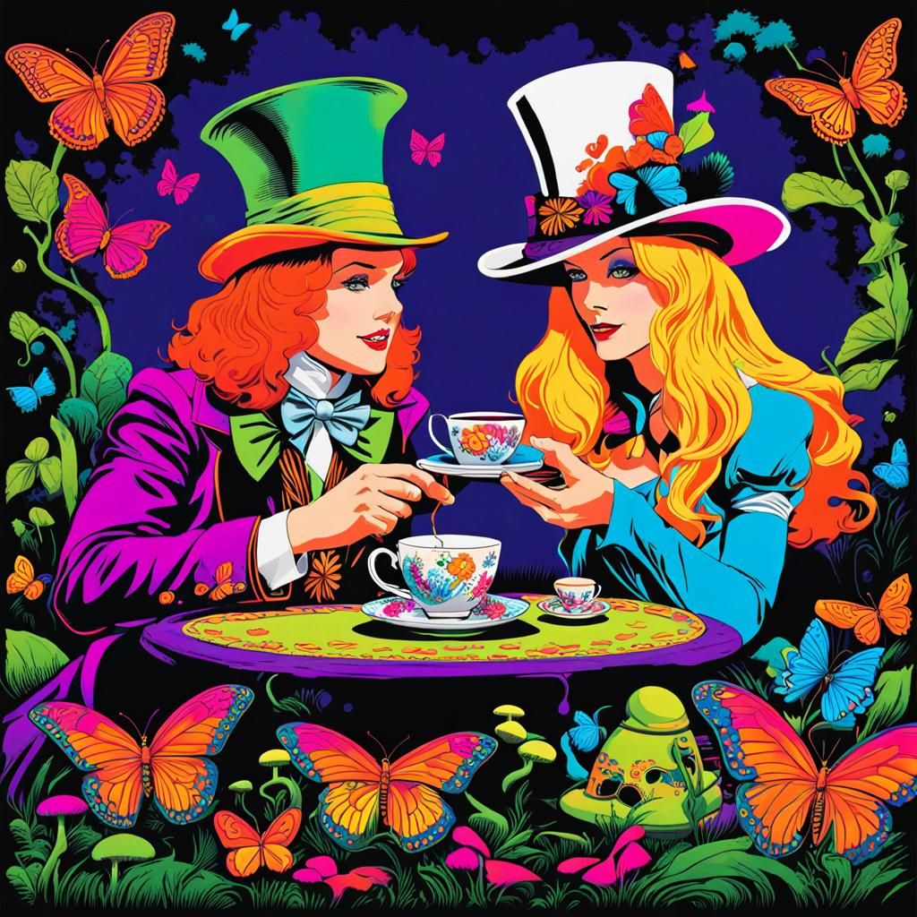 Blacklight poster of Alice and The Mad Hatter in Wonderland, having tea , tea cups , butterflies, mushrooms, canabis...