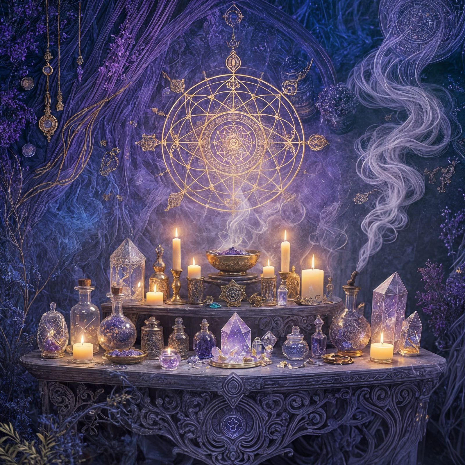Mystical Altar with Candles, Crystals, and Golden Light