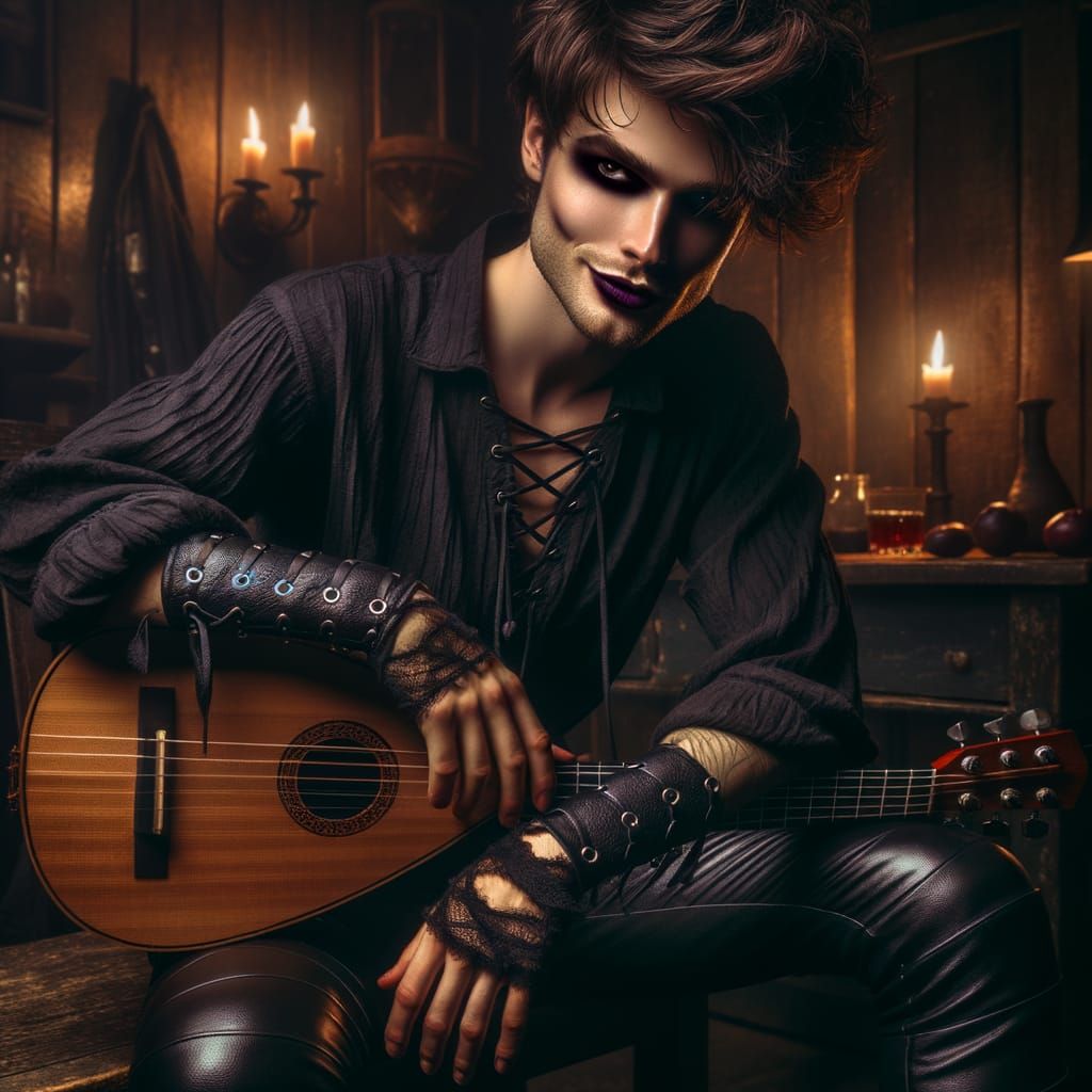 Mysterious Dark Bard in Dim Tavern, Hyperrealistic