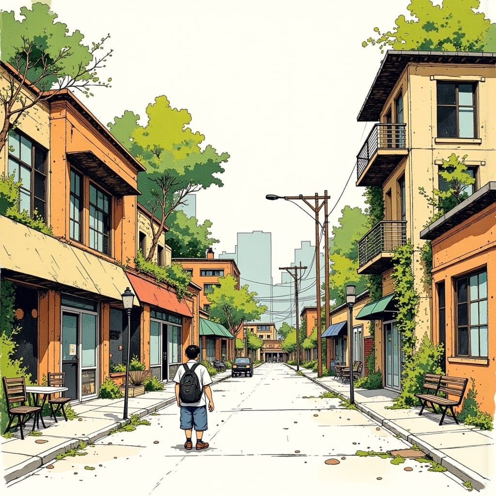 Vibrant Urban Street Scene with Lush Greenery