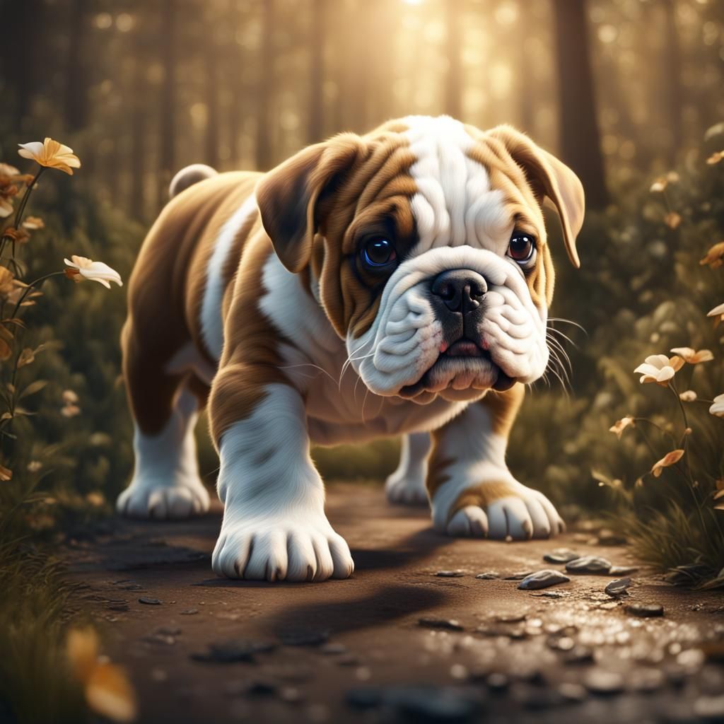 Cute English Bulldog Puppy in Detailed Digital Painting
