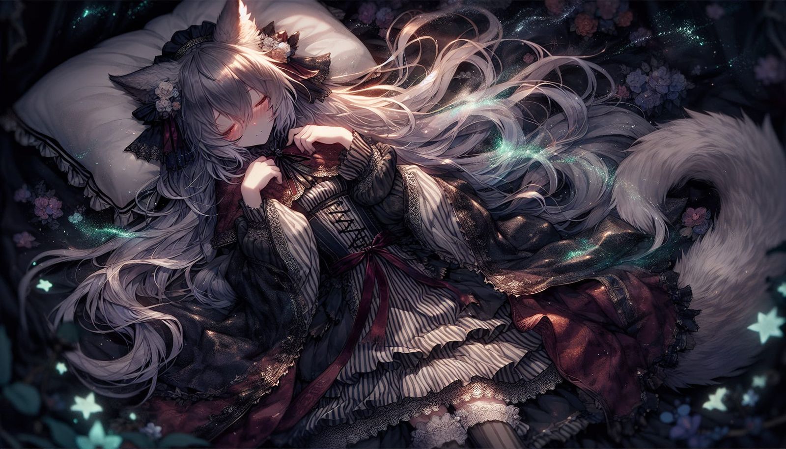 Enchanted Wolf Maiden Slumbers in Starry Fantasy Bed