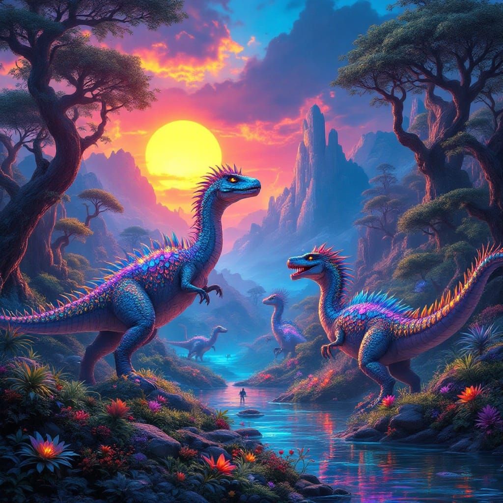 Prehistoric Dinosaurs Dance in a Vibrant, Iridescent Forest