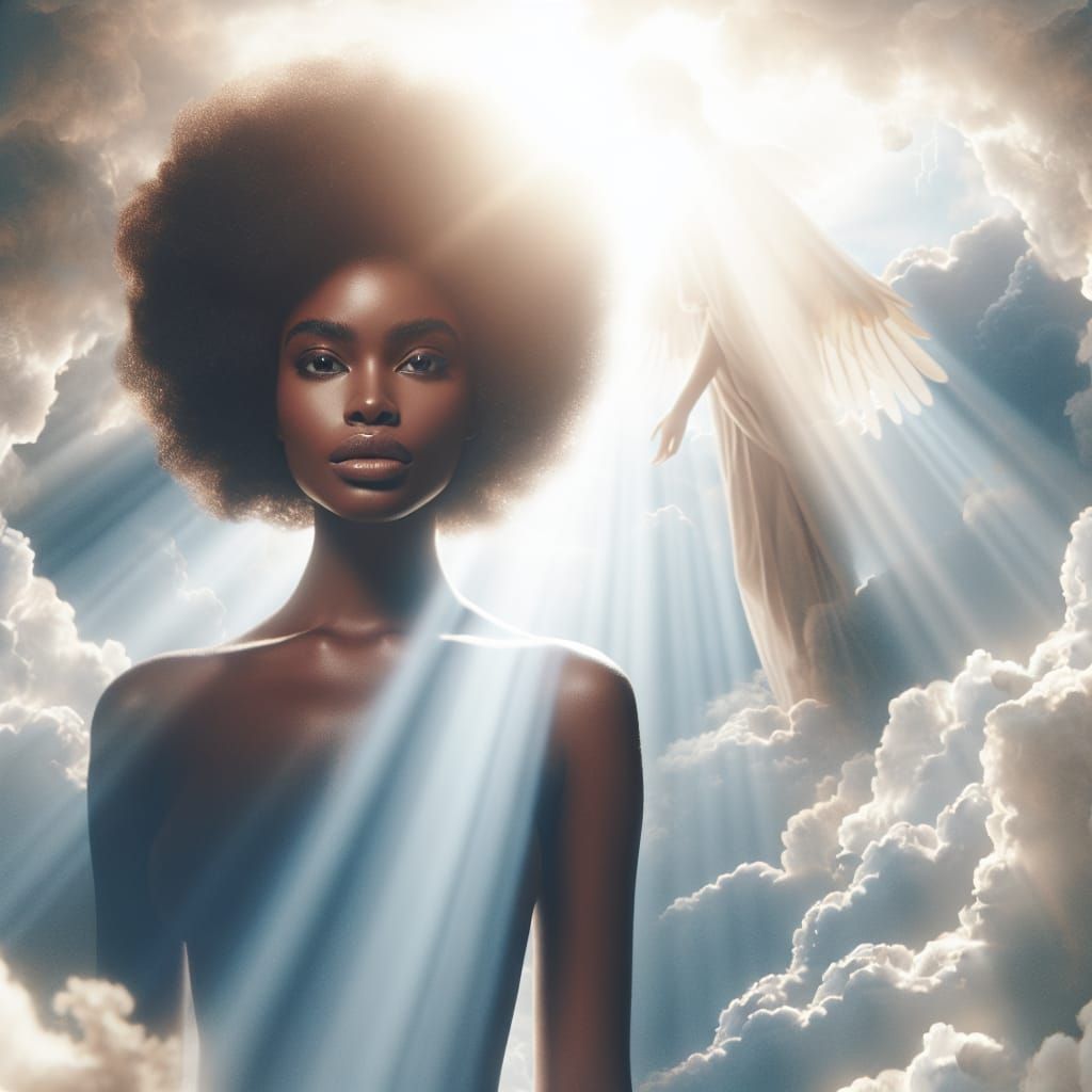 Black Woman in Divine Sunshine Amidst Clouds