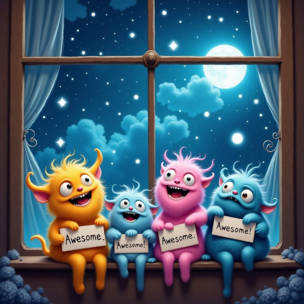 Playful Pastel Monsters Gaze at Starry Night
