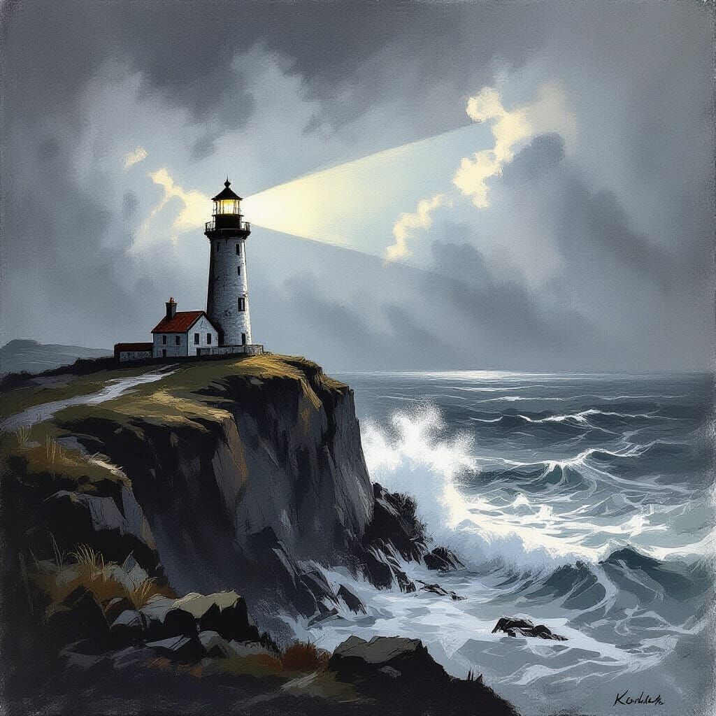 Lighthouse Beam Pierces Stormy Gloom