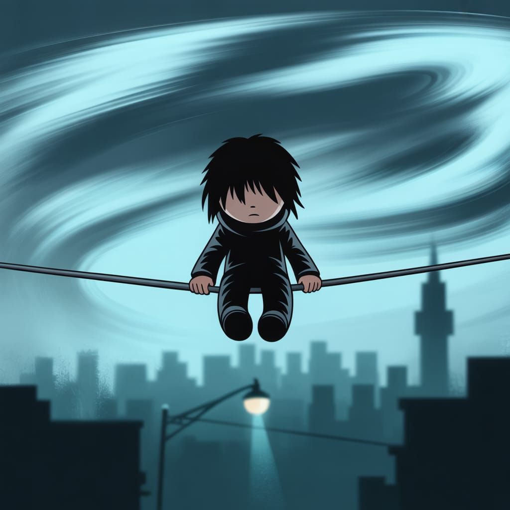 Melancholic Goth Tightrope Walker in Misty Silhouette