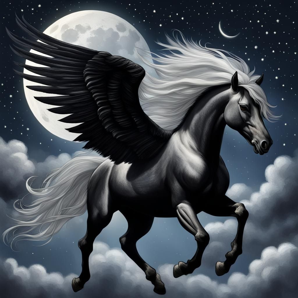 Black Pegasus in Flight Under Moonlit Sky