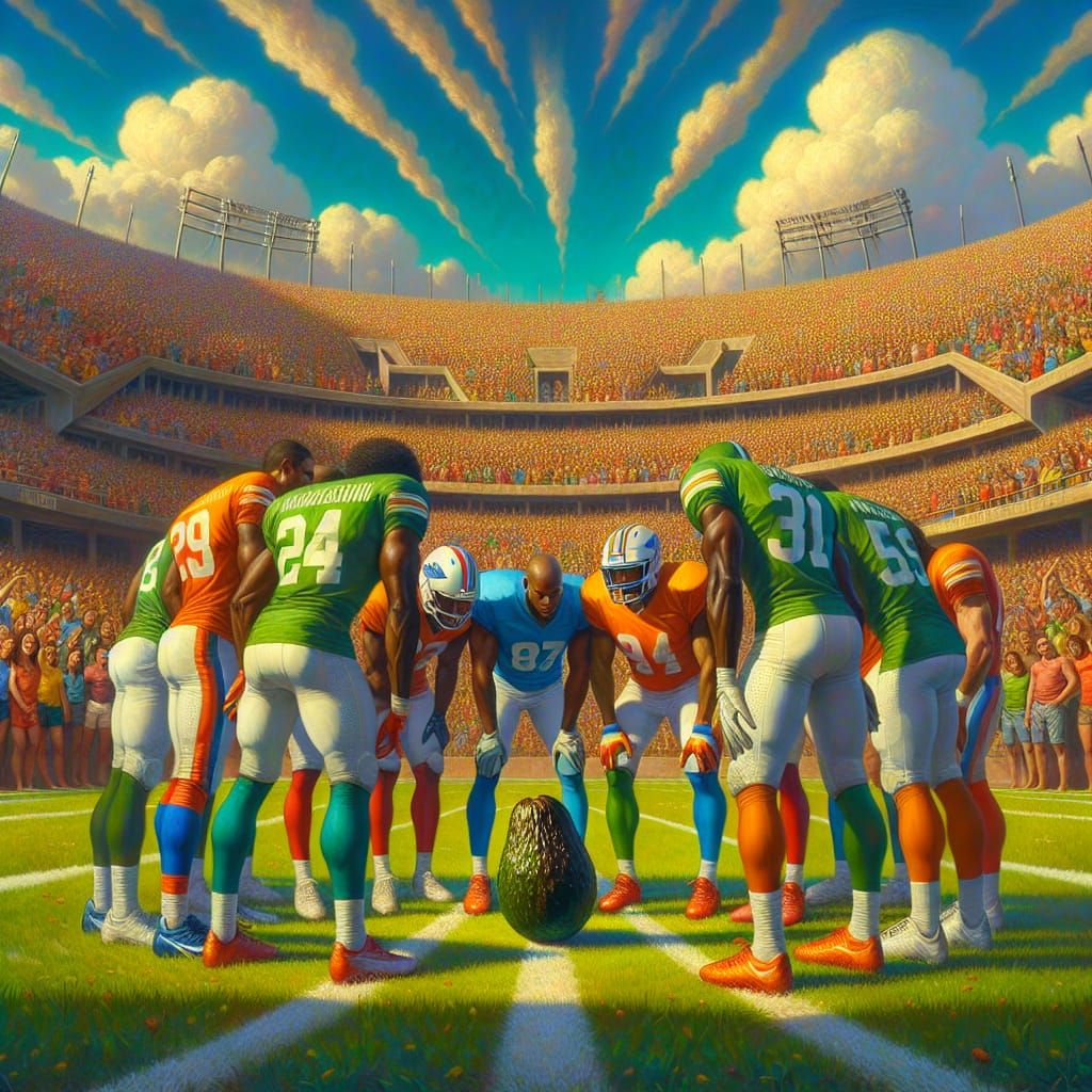 Diverse Football Players Huddle Around Avocado in Stadium
